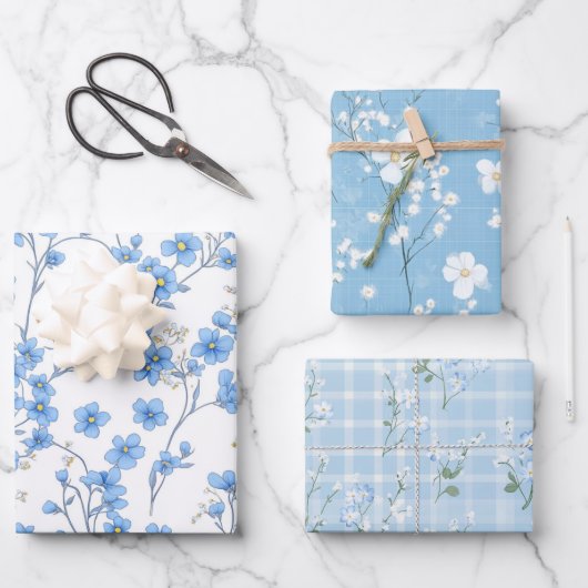 Blue Cherry Blossom Floral Wrapping Paper Geschenkpapier Set (Vorderseite)