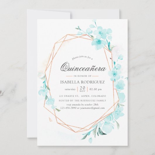 Blue Cherry Blossom Geometric Spring Quinceañera I Einladung (Vorderseite)