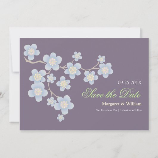 Blue Cherry Blossom Save the Date: Lila Date (Vorderseite)