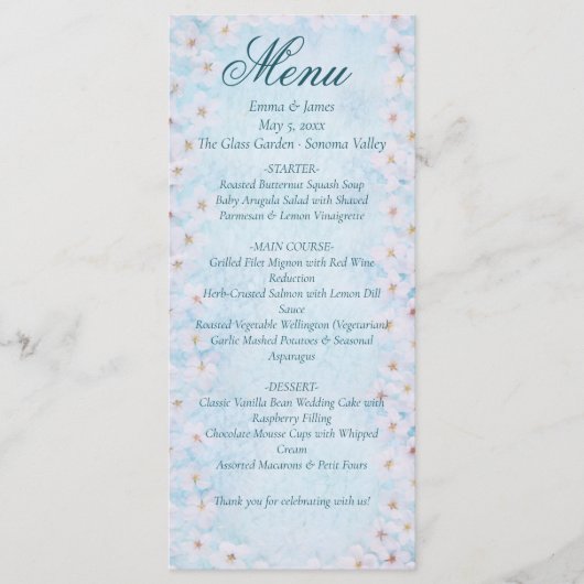 Blue Cherry Blossom Wedding Menu Card Menükarte (Vorderseite)