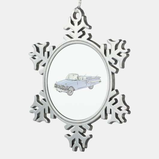 Blue Chevy Impala Konvertible Bleistift Zeichnend Schneeflocken Zinn-Ornament (Rechts)