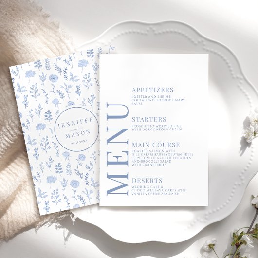 Blue Chic Botanical Boho Wedding Menu Cards Begleitkarte