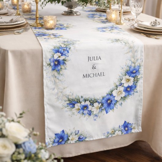 Blue Chic Botanical Wreath Wedding Decor Newlyweds Großer Tischläufer