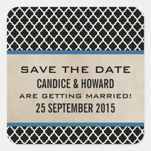 Blue Chic Quatrefolien Save the Date Aufkleber (Vorderseite)