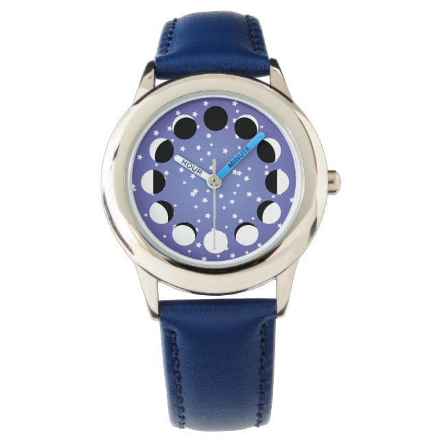 Blue Children's Moon Phase Astronomie beobachten Armbanduhr (Vorderseite)