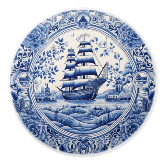 Blue China Inspiriert Nautical Ship Knob Keramikknauf (Vorderseite)