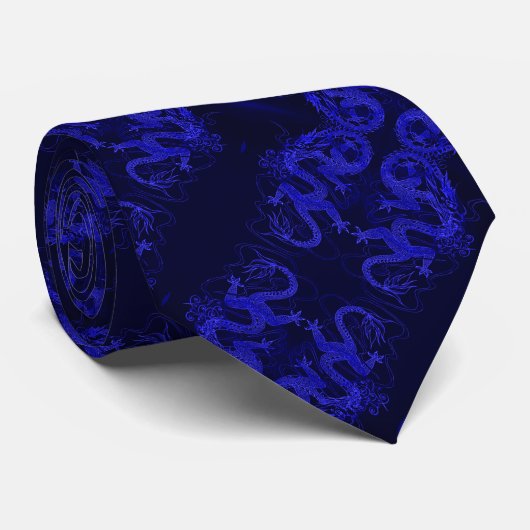 Blue Chinese Dragon Silk Krawatte (Gerollt)