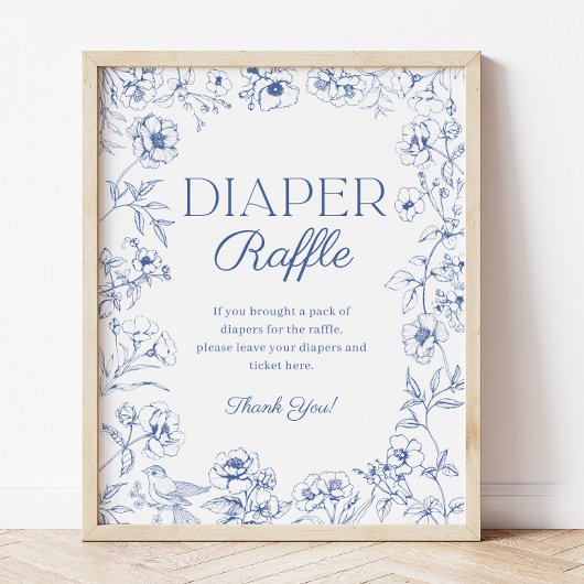 Blue Chinoiserie Babydusche Windeln Raffle Schild