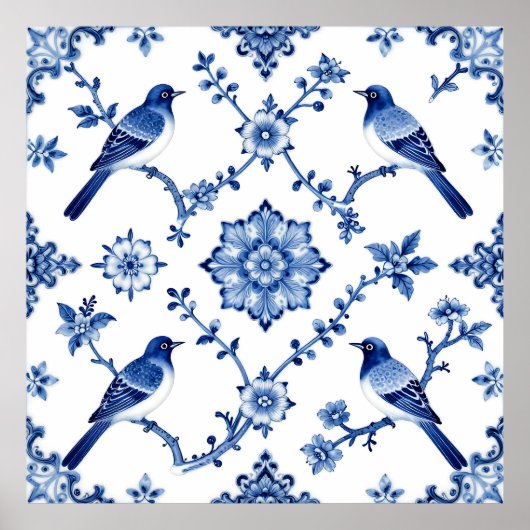 Blue Chinoiserie Bird Floral Pattern Poster (Vorne)
