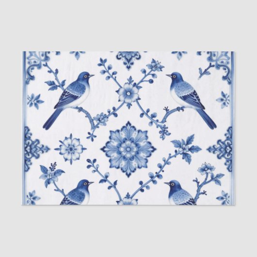 Blue Chinoiserie Bird Floral Pattern Seidenpapier (Vorderseite)
