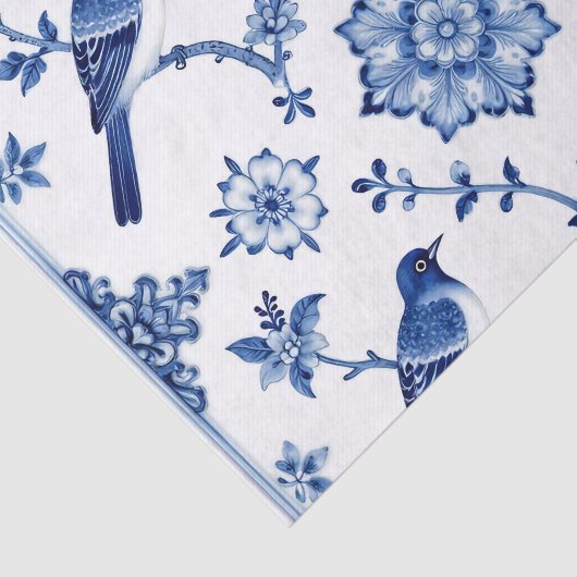 Blue Chinoiserie Bird Floral Pattern Seidenpapier (Ausschnitt)