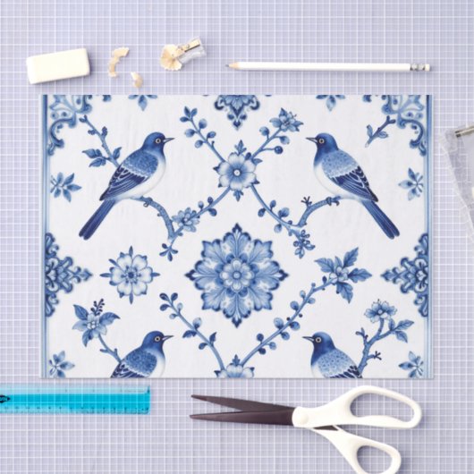 Blue Chinoiserie Bird Floral Pattern Seidenpapier (Handwerk)