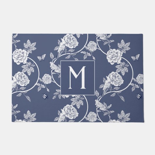 Blue Chinoiserie Blume Monogram Fußmatte (Vorderseite)