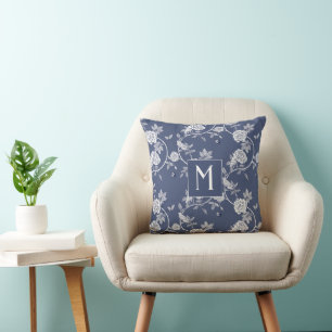 Blue Chinoiserie Blume Monogram Kissen
