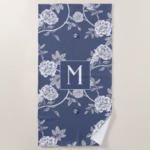 Blue Chinoiserie Blume und Birnen Monogram Strandtuch