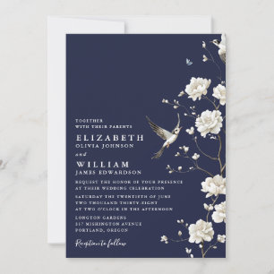 Blue Chinoiserie Blumengarten Hochzeit Einladung