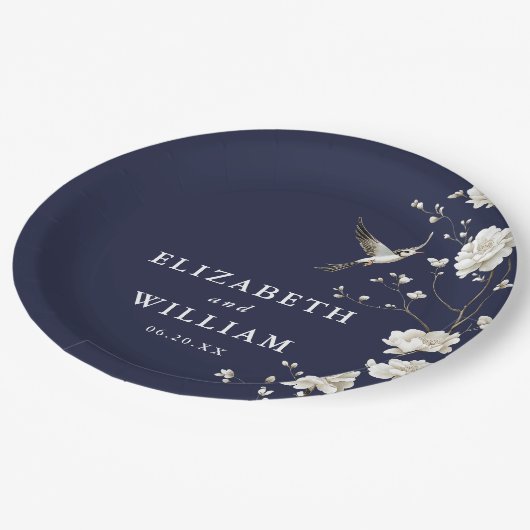 Blue Chinoiserie Blumengarten Hochzeit Pappteller (Schrägansicht)