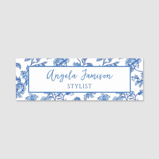 Blue Chinoiserie Blumenmarke Namensschild (Vorderseite)
