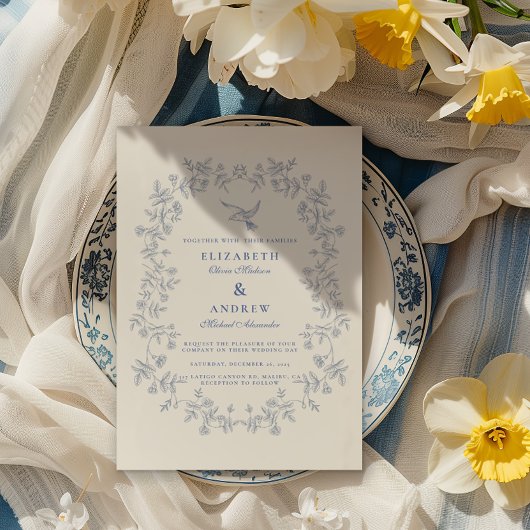 Blue Chinoiserie Botanische Hochzeit Einladung