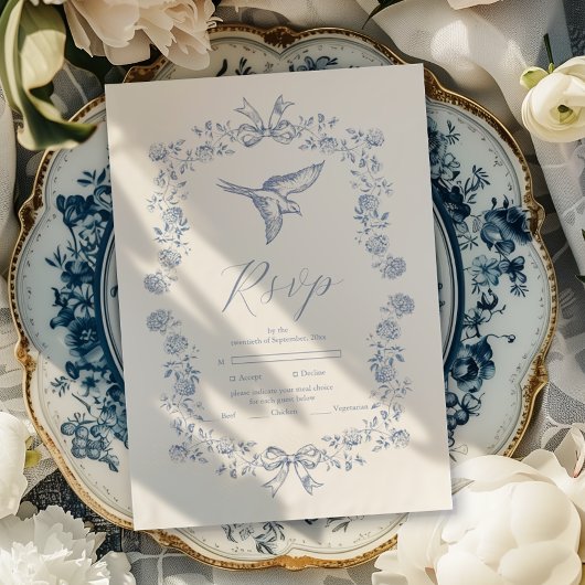 Blue Chinoiserie Botanische Hochzeit RSVP Karte