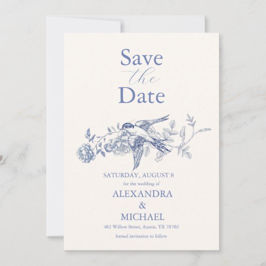 Blue Chinoiserie Botanische Hochzeit Save The Date (Vorderseite)