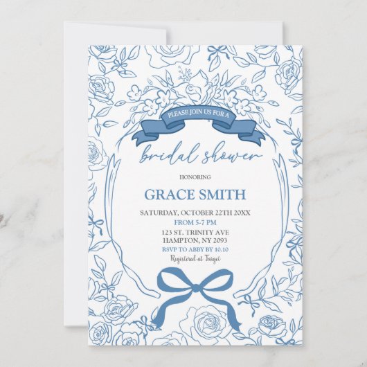 Blue Chinoiserie Bow Floral Brautparty Einladung (Vorderseite)