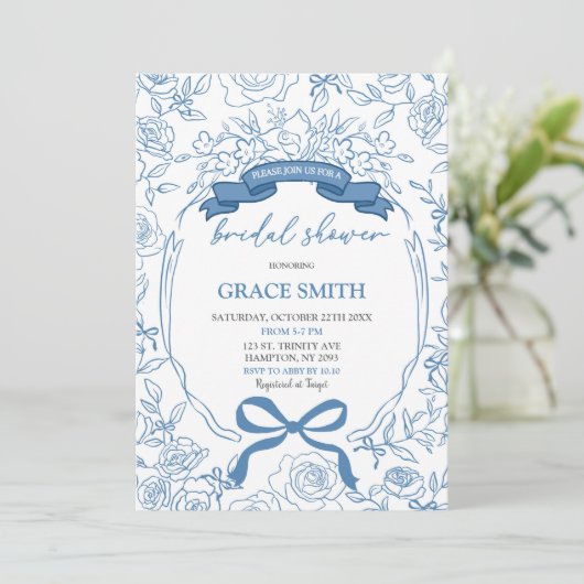 Blue Chinoiserie Bow Floral Brautparty Einladung (Stehend Vorderseite)