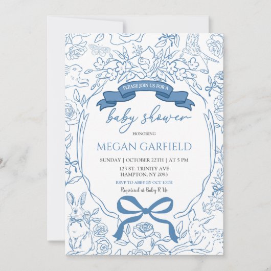 Blue Chinoiserie Bow Woodland Safari Baby Dusche Einladung (Vorderseite)