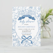Blue Chinoiserie Bow Woodland Safari Baby Dusche Einladung (Stehend Vorderseite)