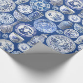 Blue Chinoiserie Chinesische Vasen und Teller Geschenkpapier (Ecke)