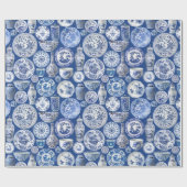 Blue Chinoiserie Chinesische Vasen und Teller Geschenkpapier (Flach)
