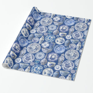 Blue Chinoiserie Chinesische Vasen und Teller Geschenkpapier