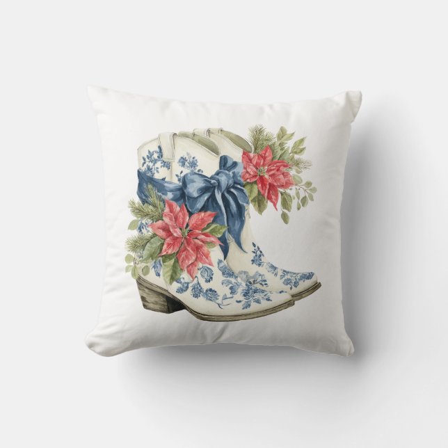 Blue Chinoiserie Christmas Cowgirl Boots Pillow Kissen (Vorderseite)
