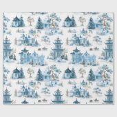 Blue Chinoiserie Christmas Village Wrapping Paper Geschenkpapier (Flach)