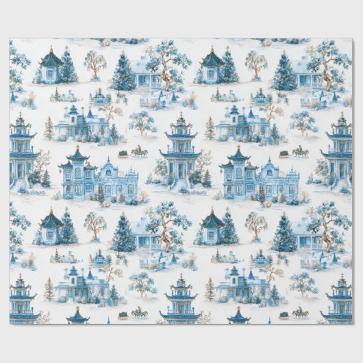 Blue Chinoiserie Christmas Village Wrapping Paper Geschenkpapier (Flach)