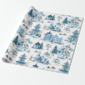 Blue Chinoiserie Christmas Village Wrapping Paper Geschenkpapier (Ungerollt)
