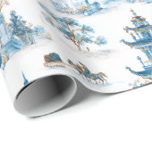Blue Chinoiserie Christmas Village Wrapping Paper Geschenkpapier (Rolleneckpunkt)