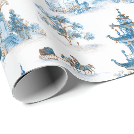 Blue Chinoiserie Christmas Village Wrapping Paper Geschenkpapier (Rolleneckpunkt)