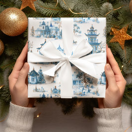 Blue Chinoiserie Christmas Village Wrapping Paper Geschenkpapier