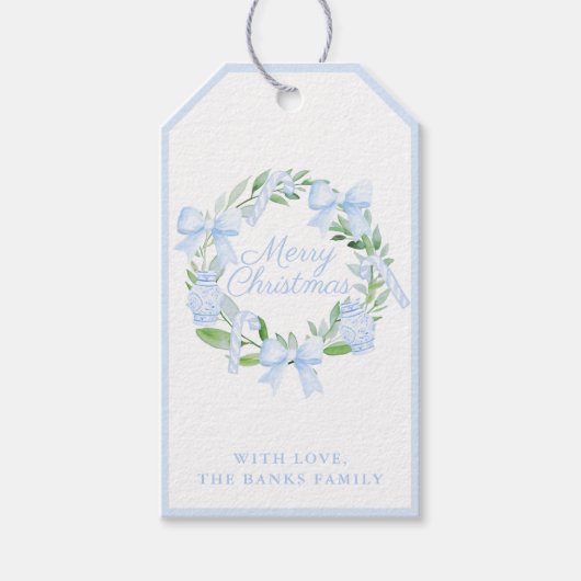 Blue Chinoiserie Christmas Wreath Ginger Jars Bows Geschenkanhänger (Vorderseite)