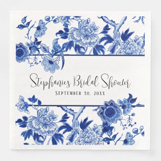 Blue Chinoiserie Flora Brautparty Serviette (Vorderseite)