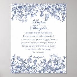 Blue Chinoiserie Flora Diaper Thoughts Baby Shower Poster