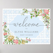 Blue Chinoiserie Floral Baby Dusche Begrüßungszeic Poster (Vorne)