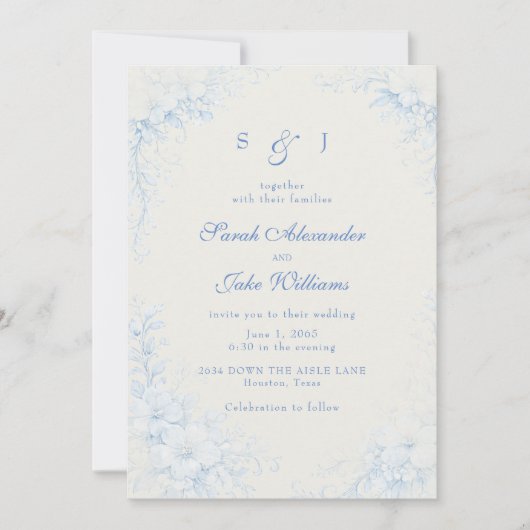 Blue Chinoiserie Floral Cream Wedding Einladung (Vorderseite)