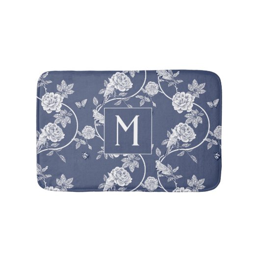 Blue Chinoiserie Floral Monogram Badematte (Vorderseite)