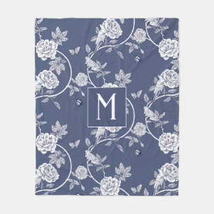 Blue Chinoiserie Floral Monogram Fleecedecke
