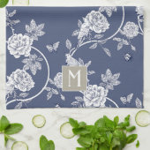 Blue Chinoiserie Floral Monogram Geschirrtuch (Gefaltet)