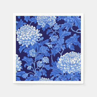 Blue Chinoiserie Floral on Black Background Serviette
