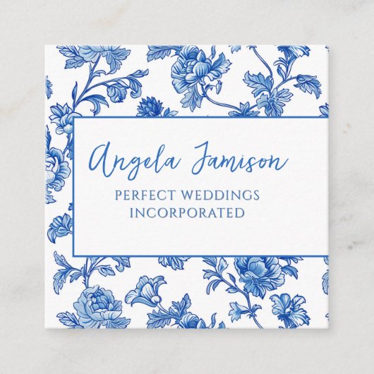 Blue Chinoiserie Floral Quadratische Visitenkarte (Vorderseite)