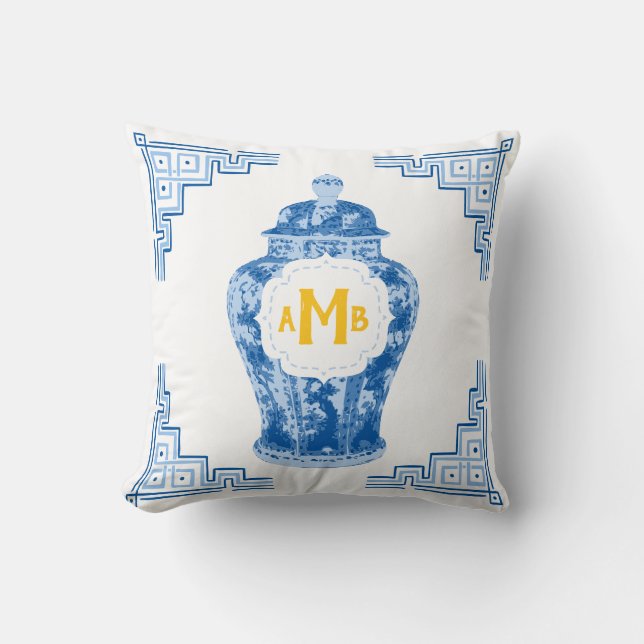 Blue Chinoiserie Ginger Jar Monogram Kissen (Vorderseite)